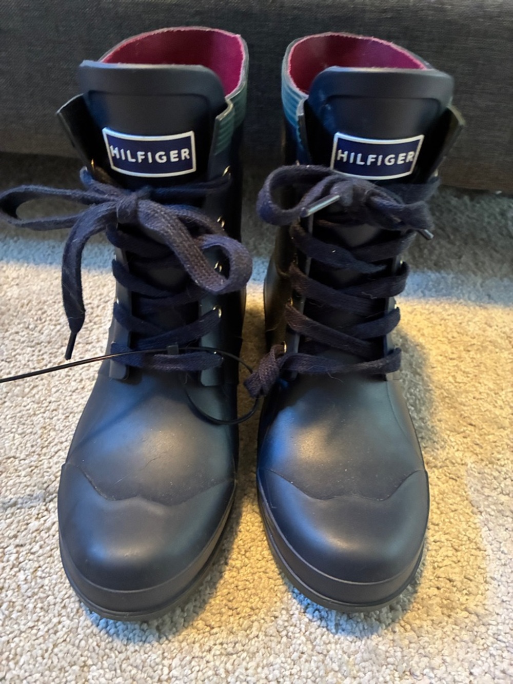Tommy Hilfiger Navy Lace-Up Winter Rain Boots with Red Lining